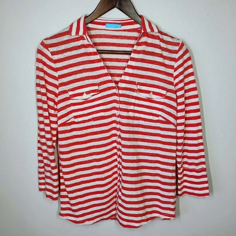 J McLaughlin Top Womens XS Pink White Brynn Stripes Linen Preppy Classic Coastal